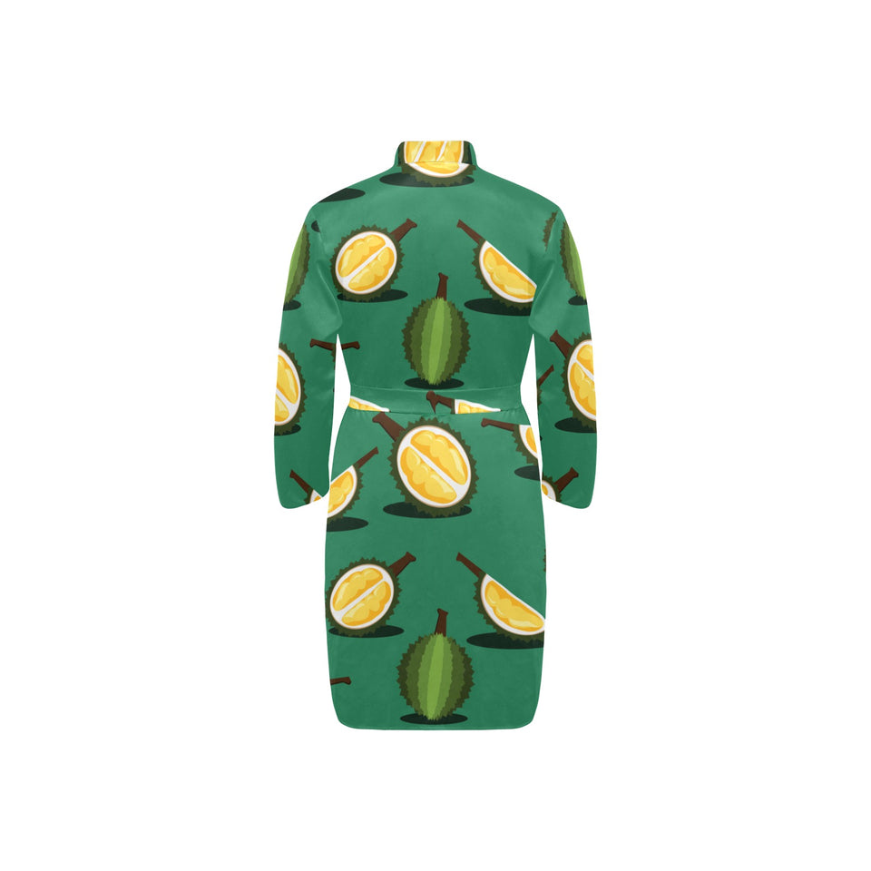 Durian pattern green background Men's Long Sleeve Belted Night Robe