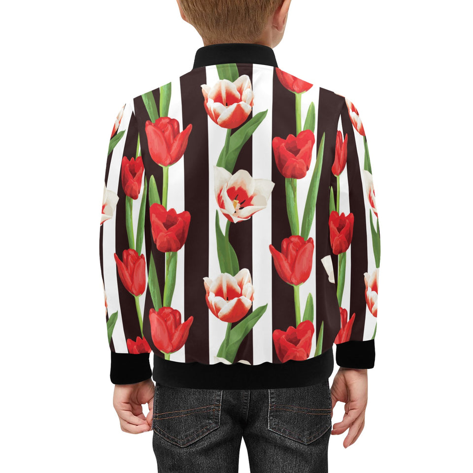red and white tulips pattern Kids' Boys' Girls' Bomber Jacket