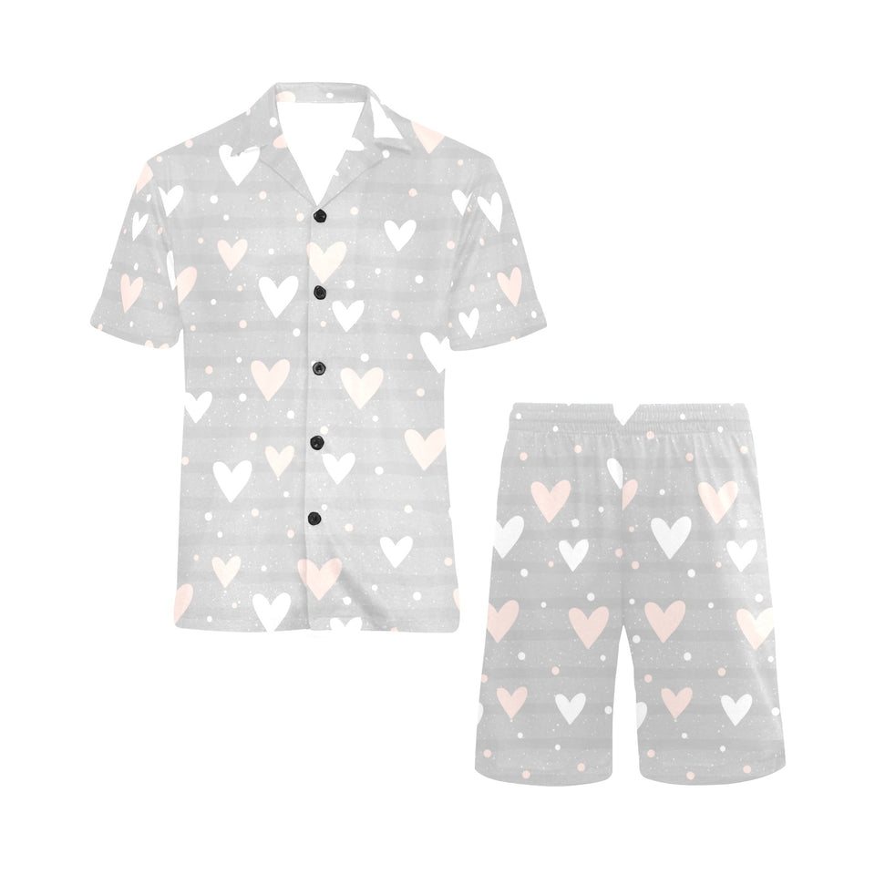 Heart pattern gray background Men's V-Neck Short Pajama Set
