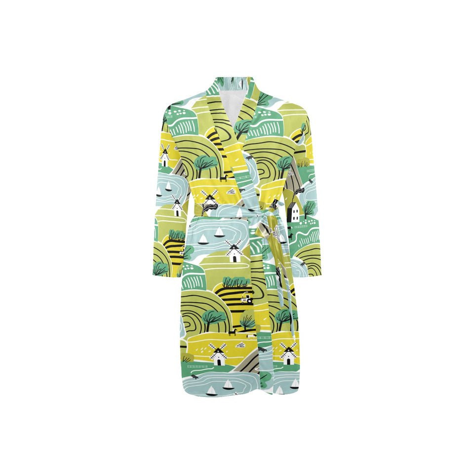 Hand drawn windmill pattern Men's Long Sleeve Belted Night Robe