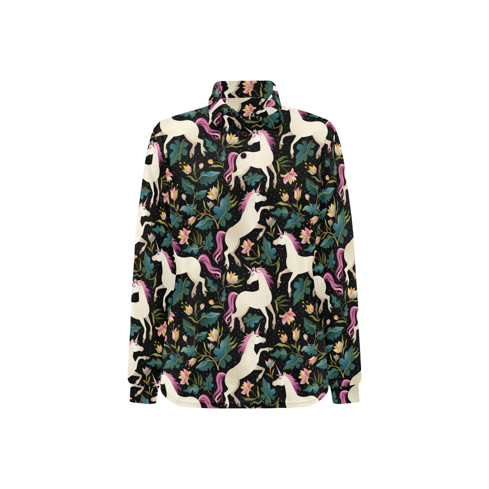 Unicorns forest background Women's Long Sleeve Polo Shirt