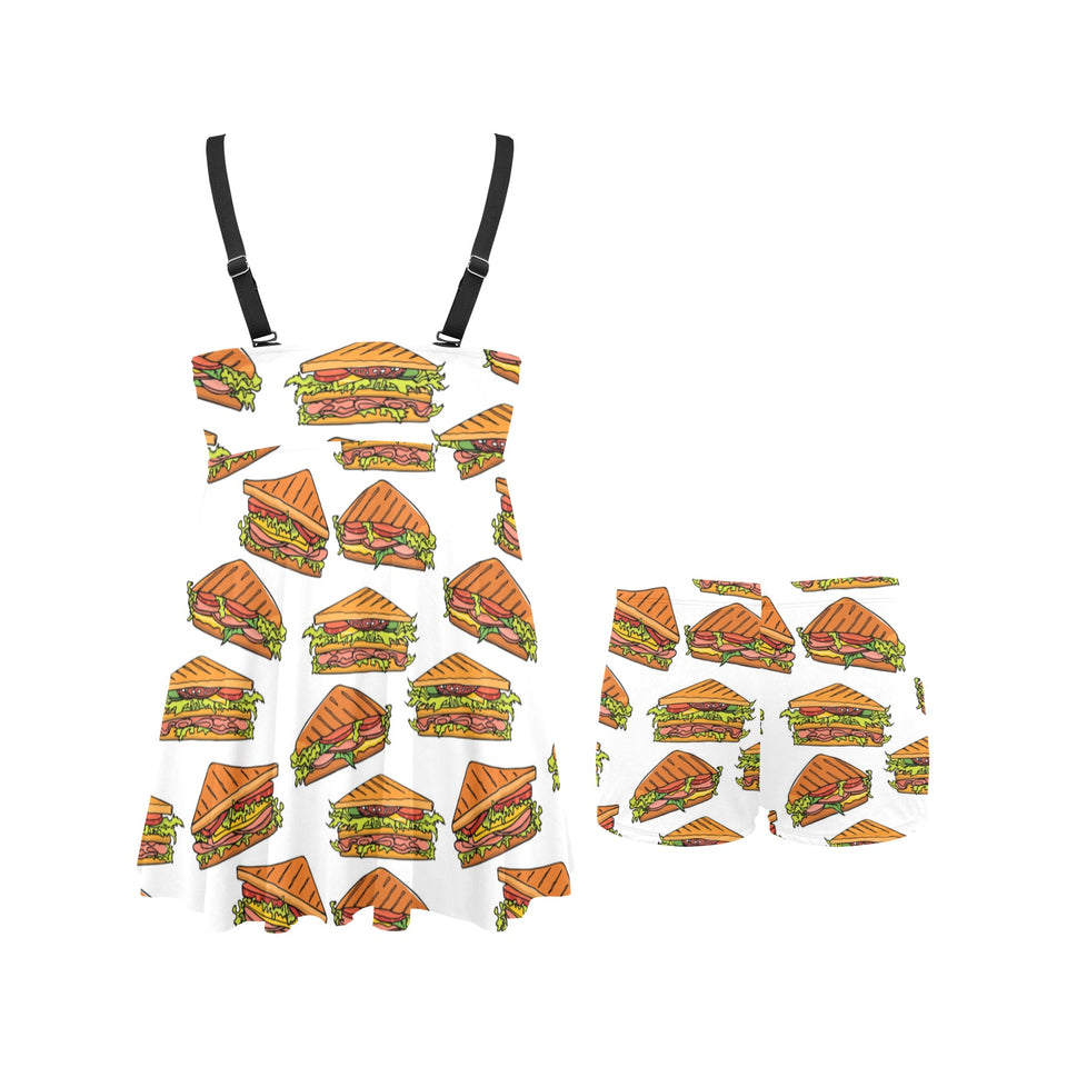 Sandwich Pattern Print Design 02 Chest Sexy Pleated Two Piece Swim Dress