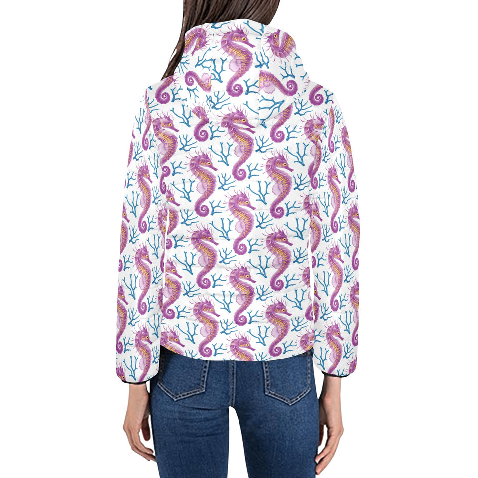 Purple seahorse blue coral pattern Women's Padded Hooded Jacket
