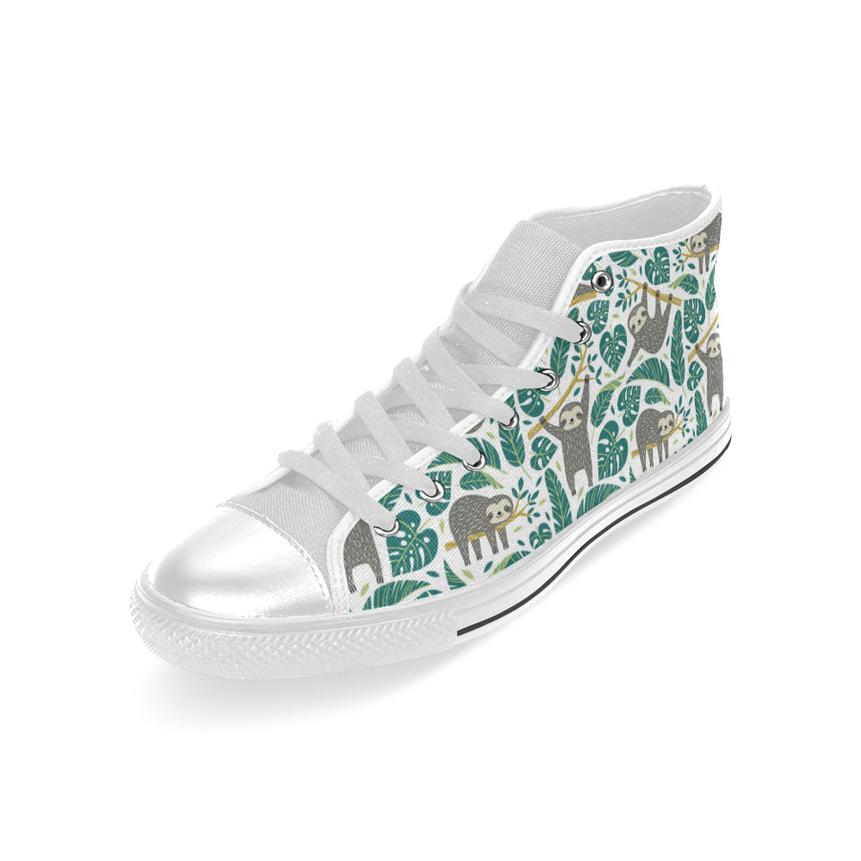 Cute sloths tropical palm leaves white background Men's High Top Canvas Shoes White
