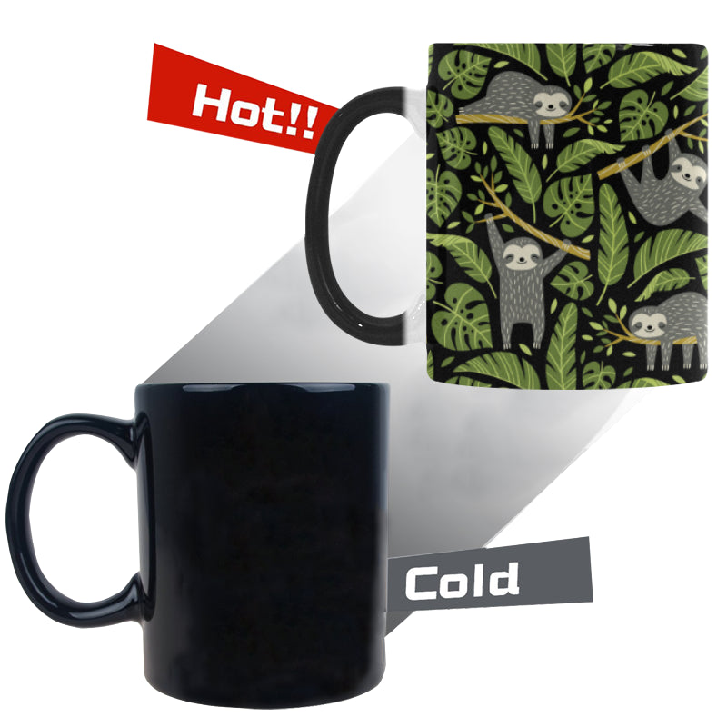 Cute sloths tropical palm leaves black background Morphing Mug Heat Changing Mug