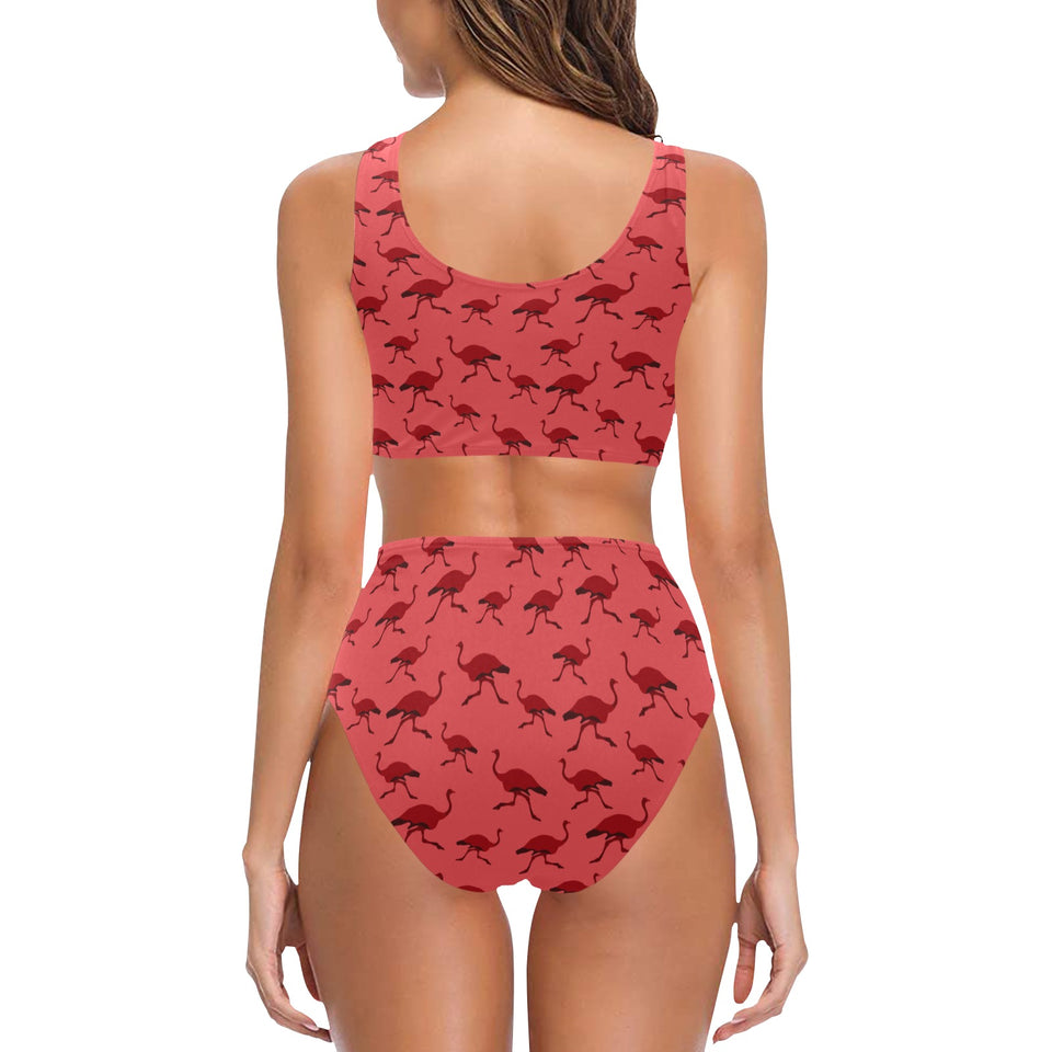Ostrich Pattern Print Design 03 Chest Bowknot High Waisted Bikini Swimsuit