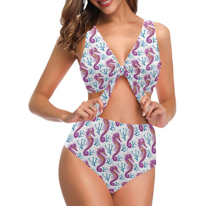 Purple seahorse blue coral pattern Chest Bowknot High Waisted Bikini Swimsuit