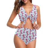 Purple seahorse blue coral pattern Chest Bowknot High Waisted Bikini Swimsuit