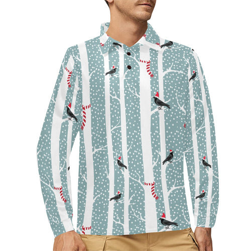 Crows christmas hat scarf Men's Long Sleeve Polo Shirt