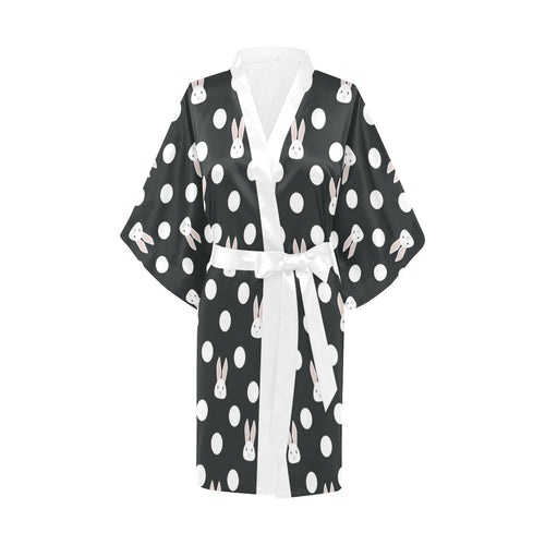 Cute white rabbit polka dots black background Women's Short Kimono Robe