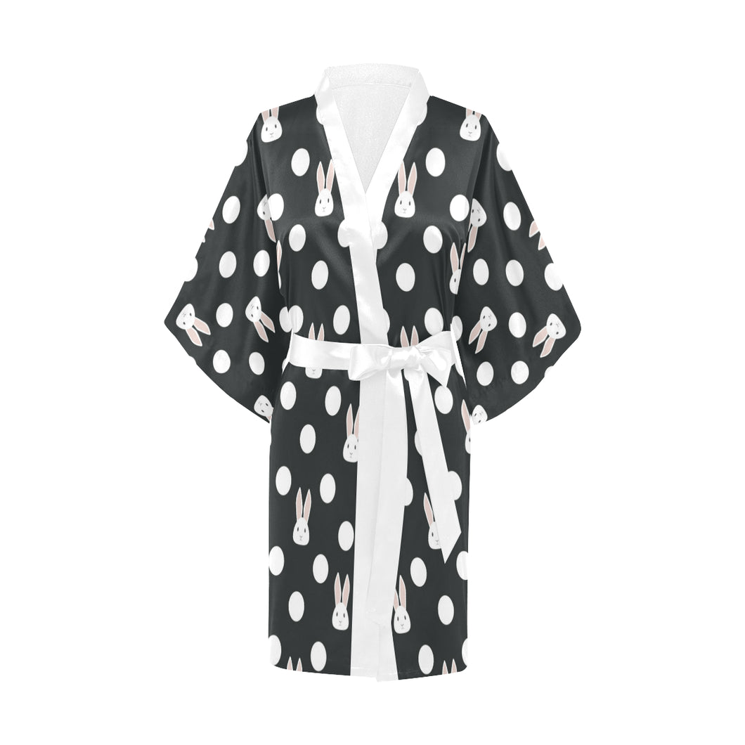 Cute white rabbit polka dots black background Women's Short Kimono Robe