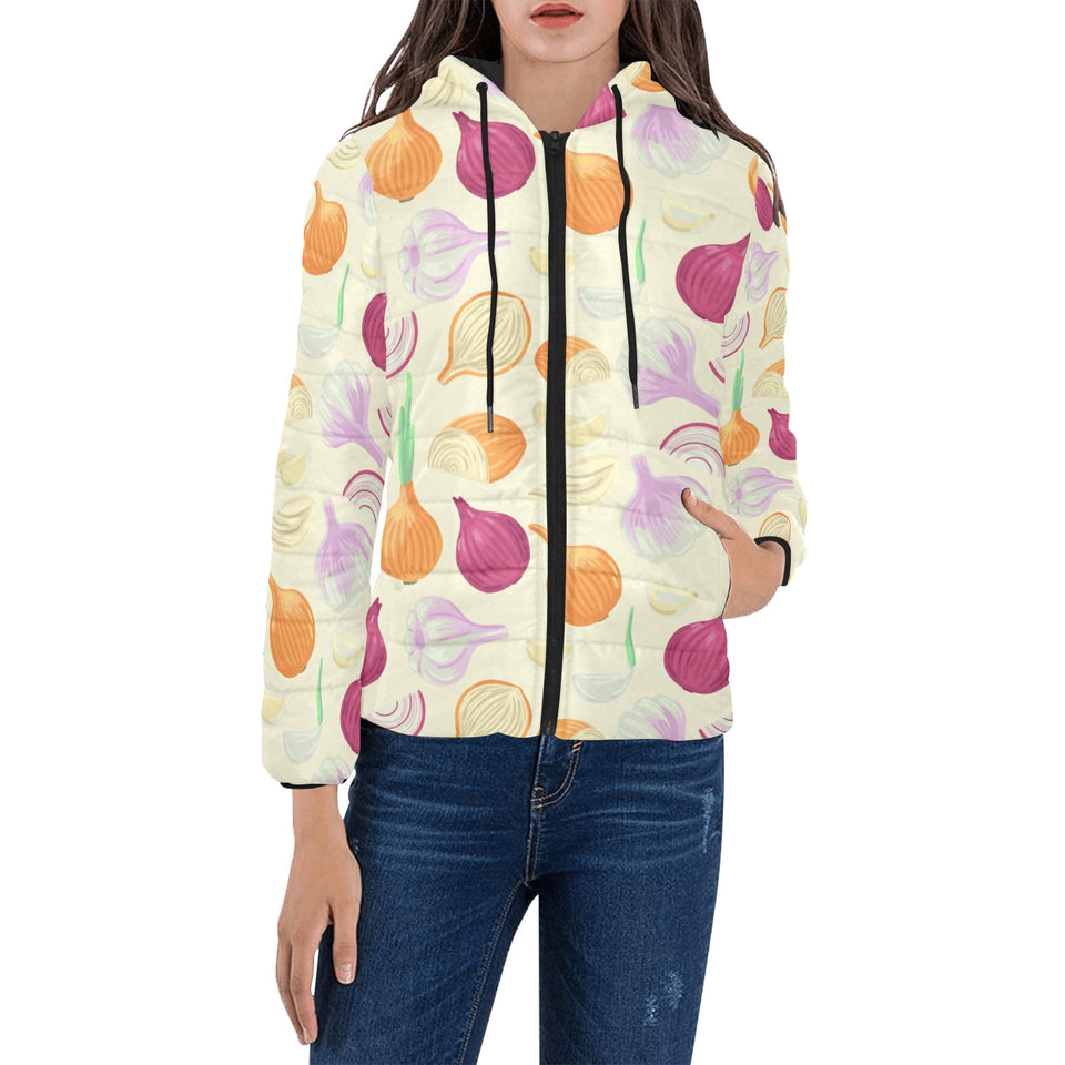 Onion garlic white red pattern Women's Padded Hooded Jacket