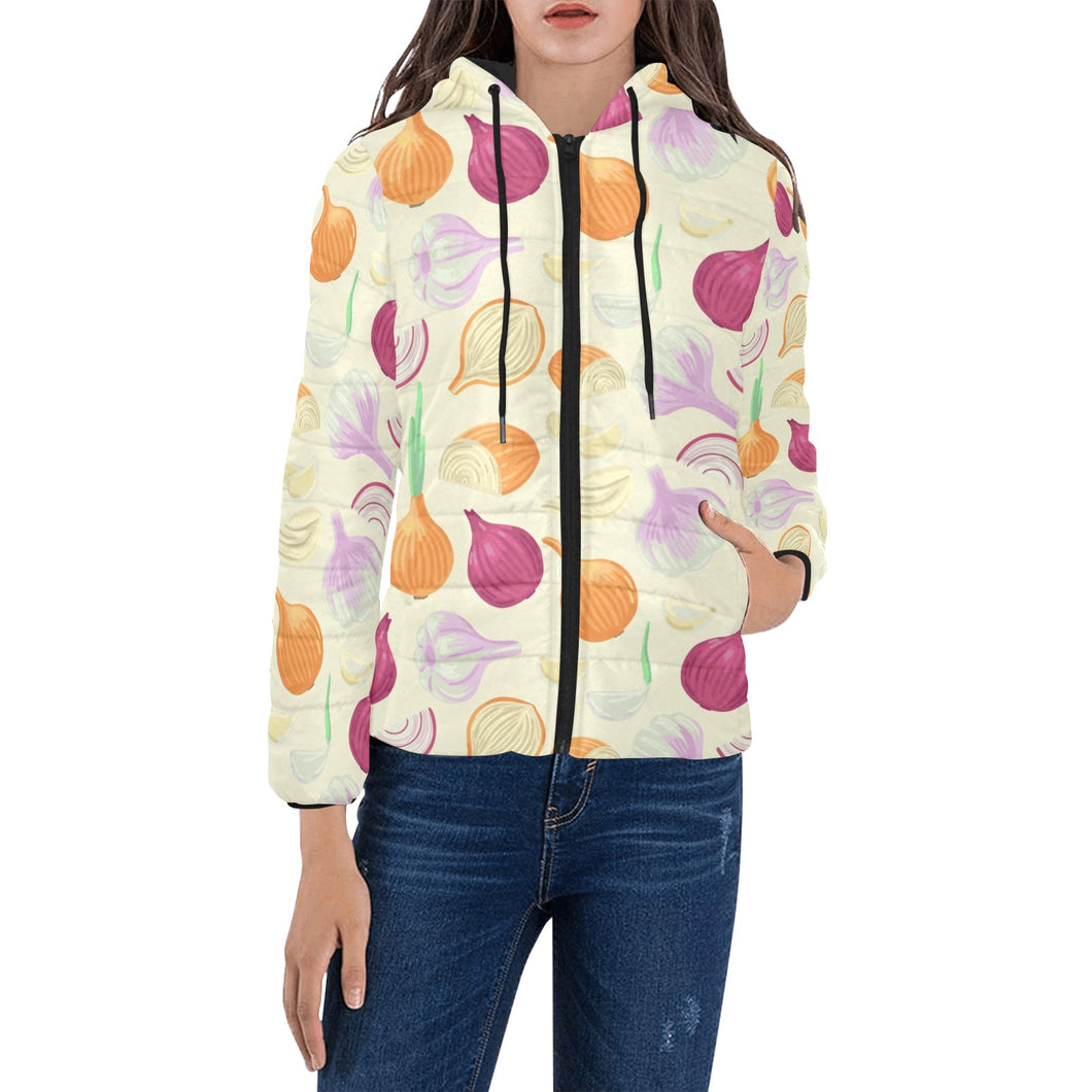 Onion garlic white red pattern Women's Padded Hooded Jacket