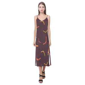 Boomerang Australian aboriginal ornament circle bl V-Neck Open Fork Long Dress
