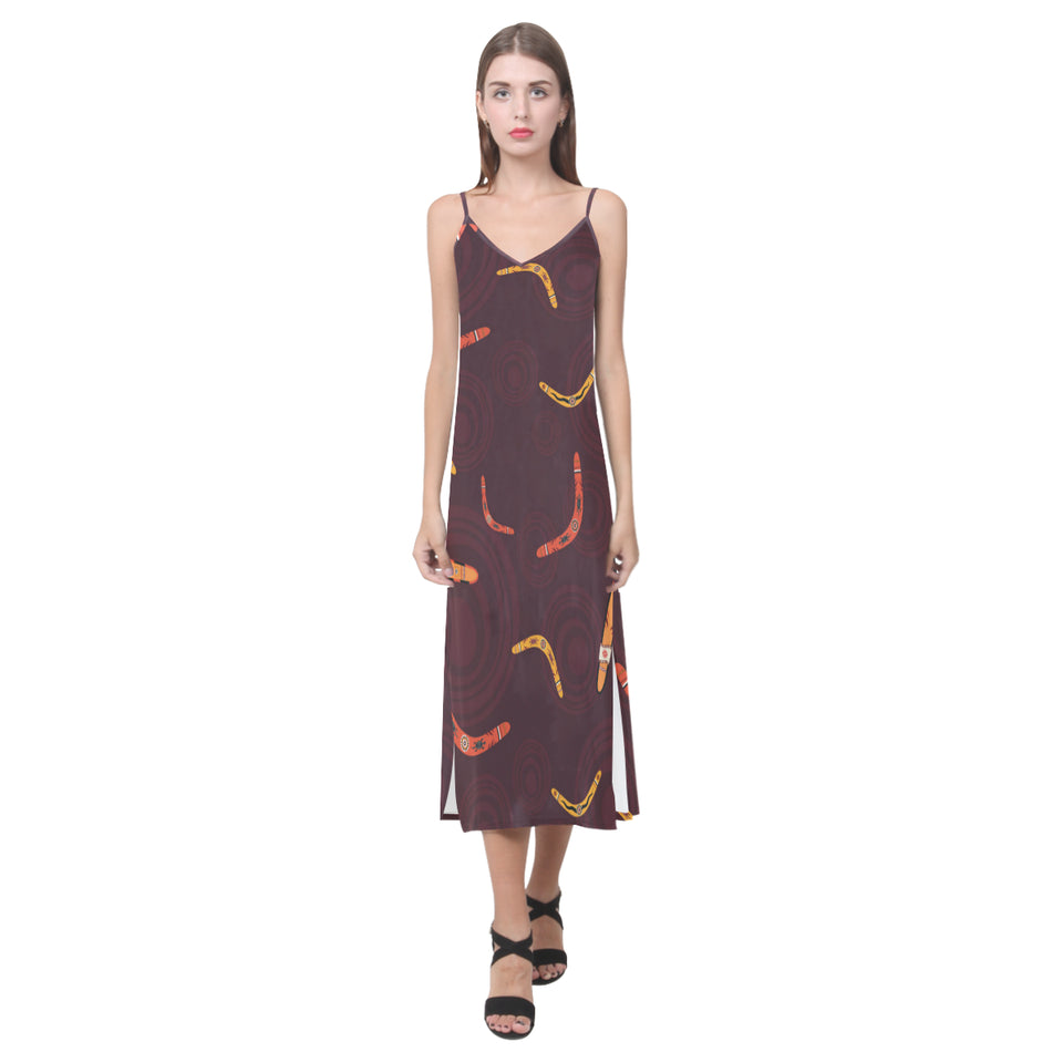 Boomerang Australian aboriginal ornament circle bl V-Neck Open Fork Long Dress
