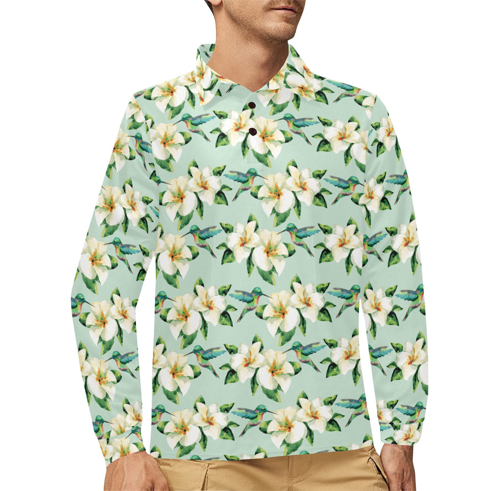 Hummingbird Pattern Print Design 01 Men's Long Sleeve Polo Shirt