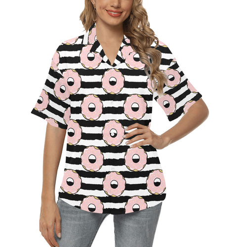 Donuts pink icing striped pattern Women's All Over Print Hawaiian Shirt