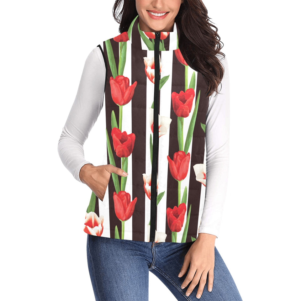 red and white tulips pattern Women's Padded Vest