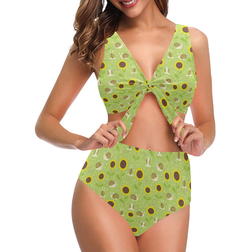 Snail Pattern Print Design 01 Chest Bowknot High Waisted Bikini Swimsuit