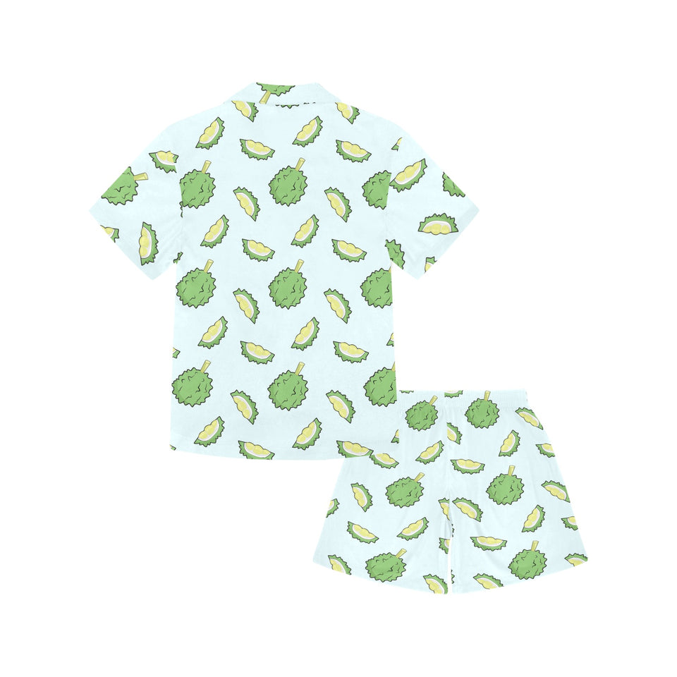 Durian pattern blue background Kids' Boys' Girls' V-Neck Short Pajama Set