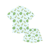Durian pattern blue background Kids' Boys' Girls' V-Neck Short Pajama Set