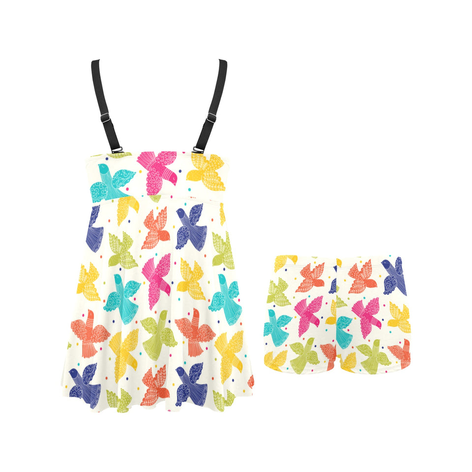 Pigeon Pattern Print Design 01 Chest Sexy Pleated Two Piece Swim Dress