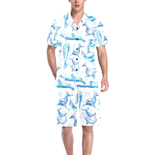Watercolor dolphin pattern Men's V-Neck Short Pajama Set
