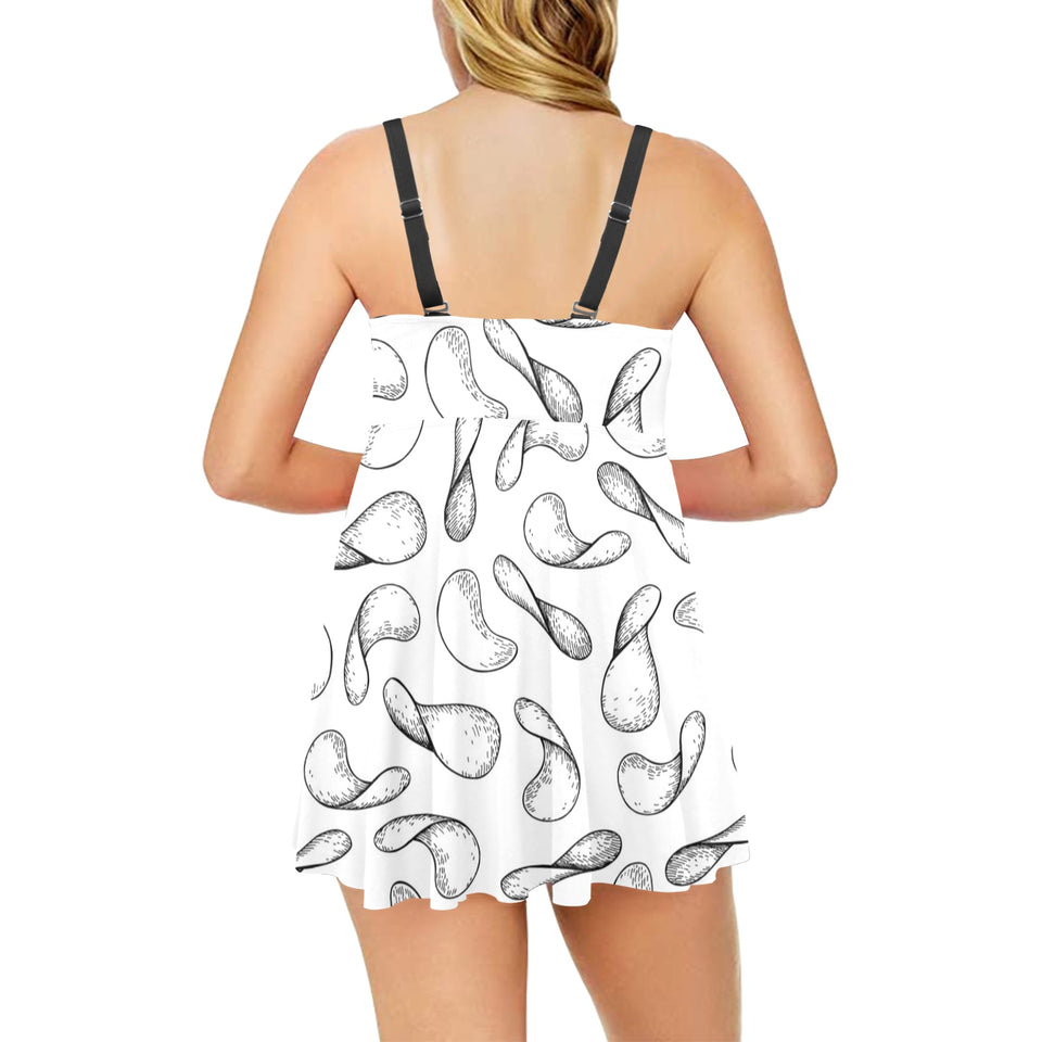 Potato Chips Pattern Print Design 04 Chest Sexy Pleated Two Piece Swim Dress
