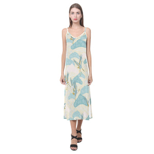 Bonsai bamboo stork japanese pattern cream theme V-Neck Open Fork Long Dress