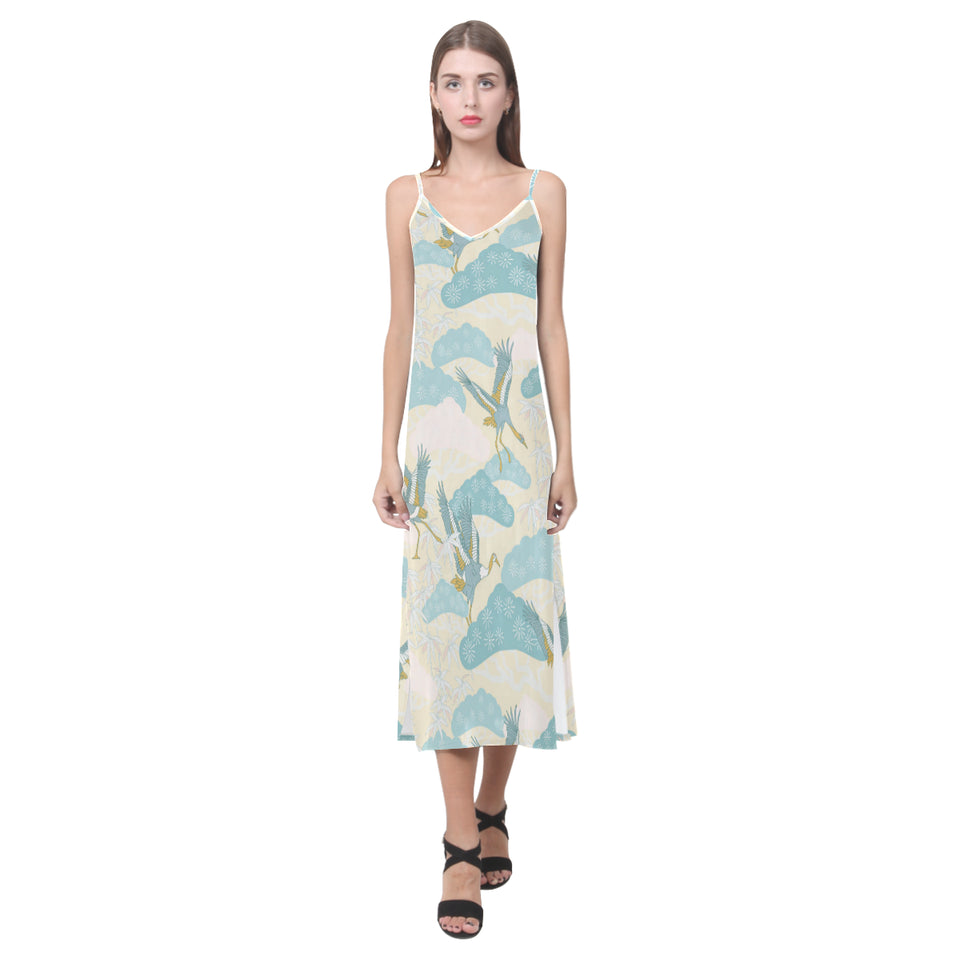 Bonsai bamboo stork japanese pattern cream theme V-Neck Open Fork Long Dress
