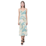 Bonsai bamboo stork japanese pattern cream theme V-Neck Open Fork Long Dress