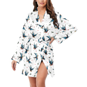 Swallow Pattern Print Design 04 Women's Long Sleeve Belted Night Robe