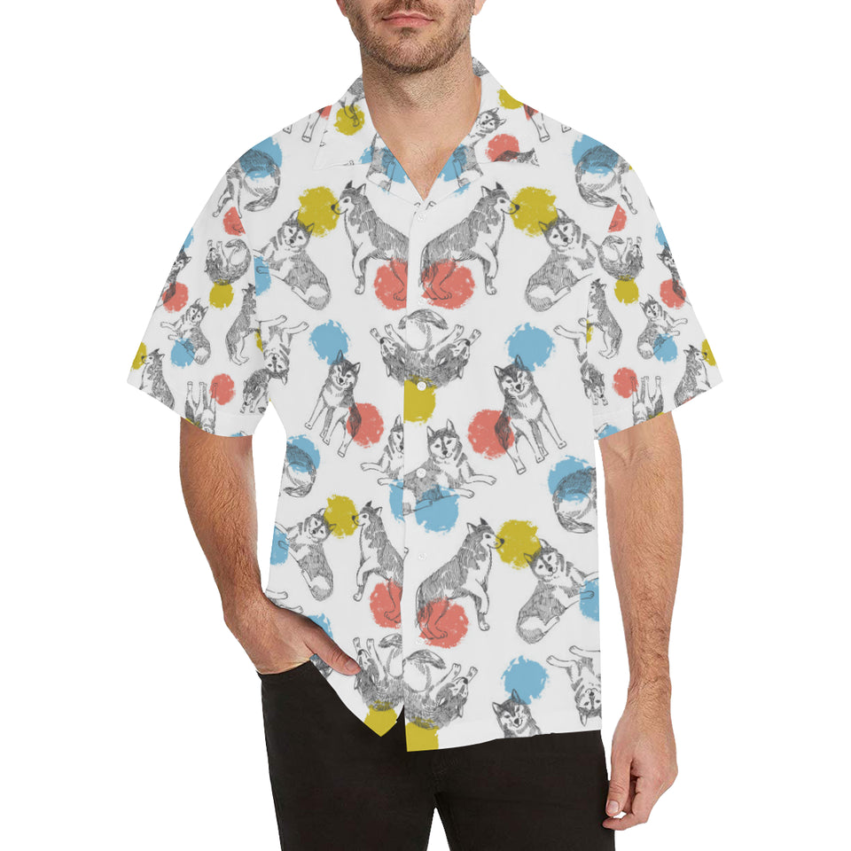 Siberian husky and colorful circle pattern Men's All Over Print Hawaiian Shirt