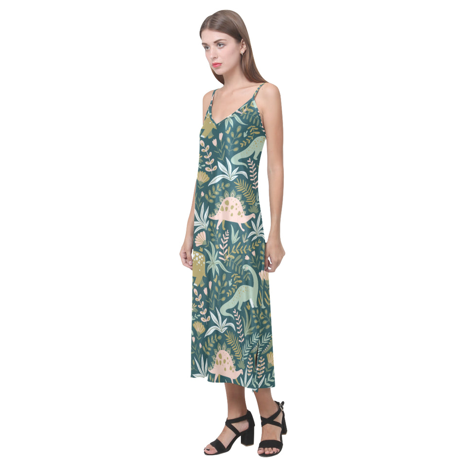 dinosaurs tropical leaves flower pattern V-Neck Open Fork Long Dress