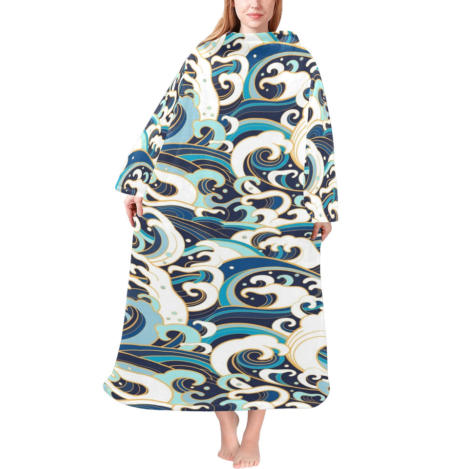 Japanese wave pattern Blanket Robe with Sleeves