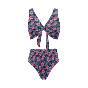 Hibiscus Pattern Print Design 05 Chest Bowknot High Waisted Bikini Swimsuit