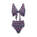 Hibiscus Pattern Print Design 05 Chest Bowknot High Waisted Bikini Swimsuit