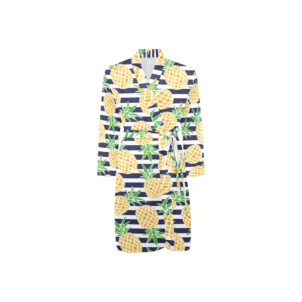 Pineapples pattern striped background Men's Long Sleeve Belted Night Robe