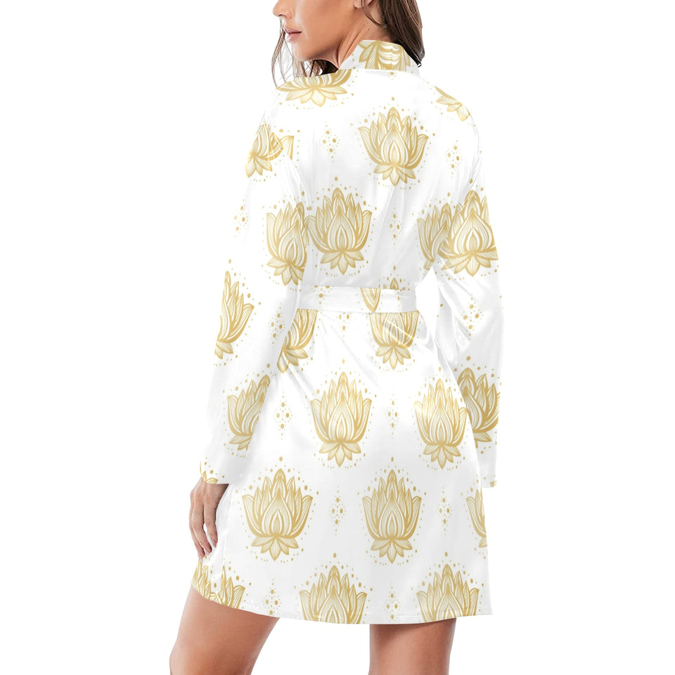 Gold Ornamental lotue waterlily symbol pattern Women's Long Sleeve Belted Night Robe