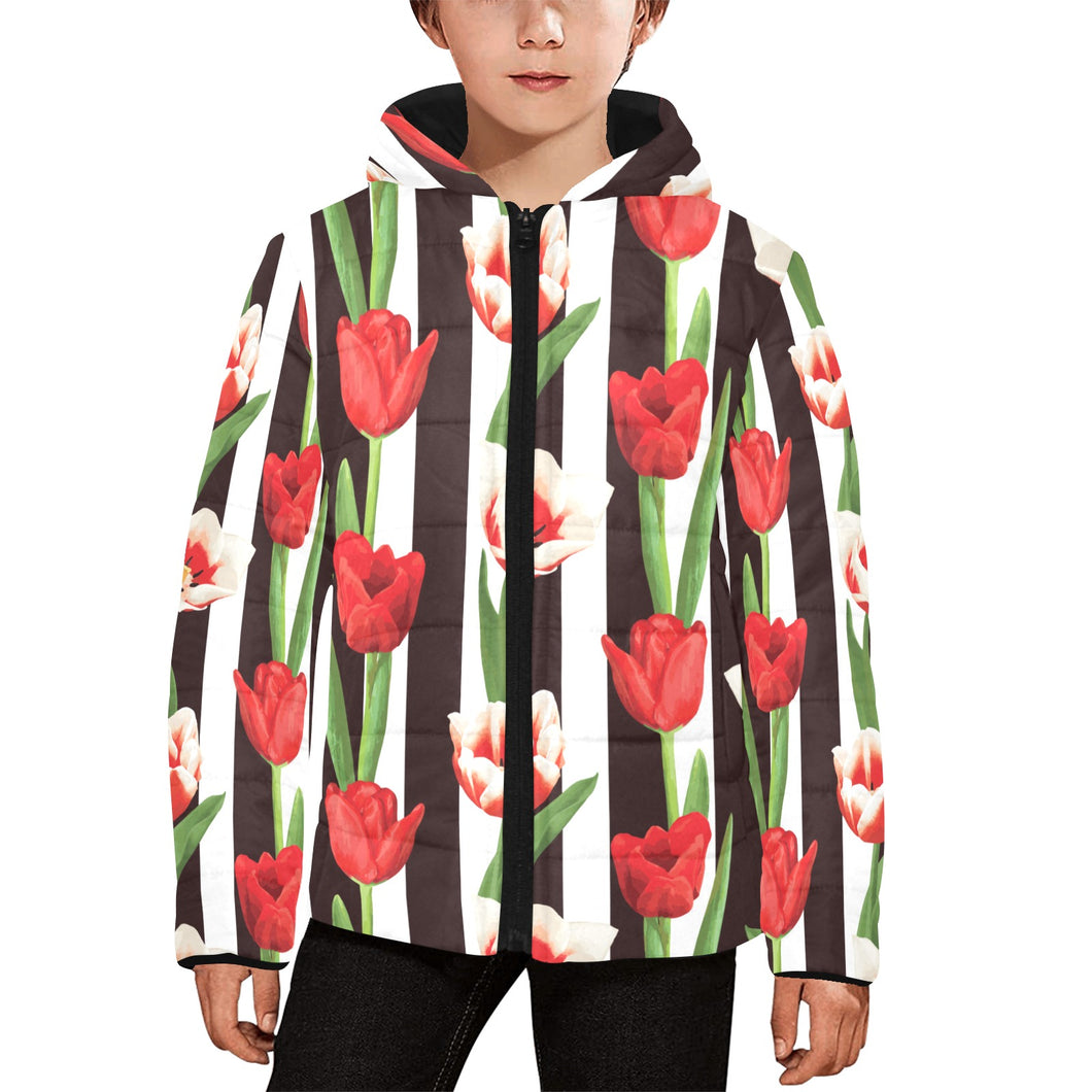 red and white tulips pattern Kids' Boys' Girls' Padded Hooded Jacket