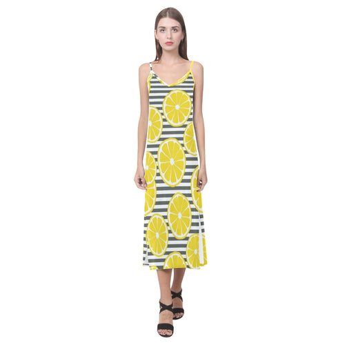 slice of lemon design pattern V-Neck Open Fork Long Dress