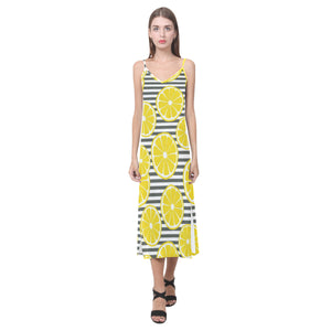slice of lemon design pattern V-Neck Open Fork Long Dress
