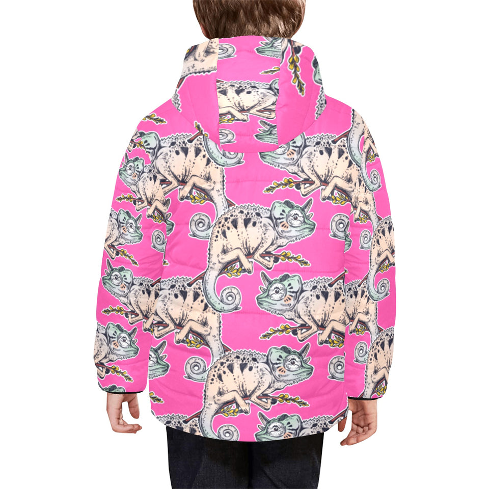 Chameleon lizard pattern pink background Kids' Boys' Girls' Padded Hooded Jacket