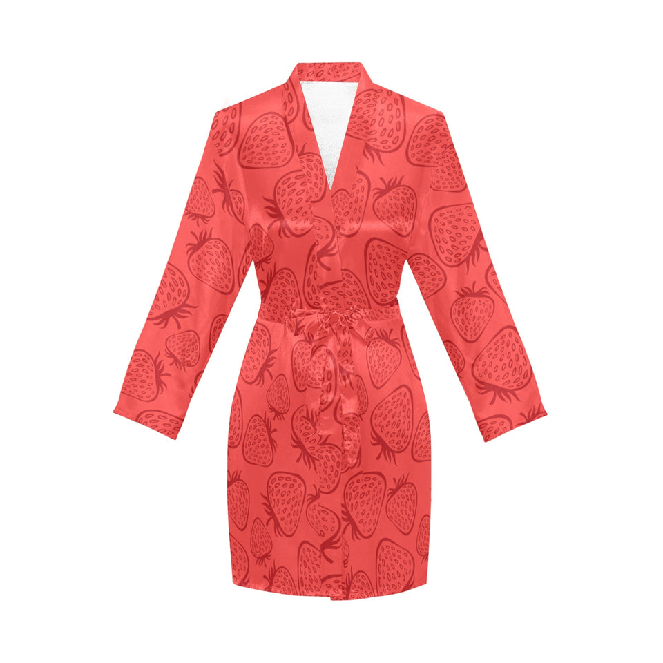 strawberry pattern red background Women's Long Sleeve Belted Night Robe