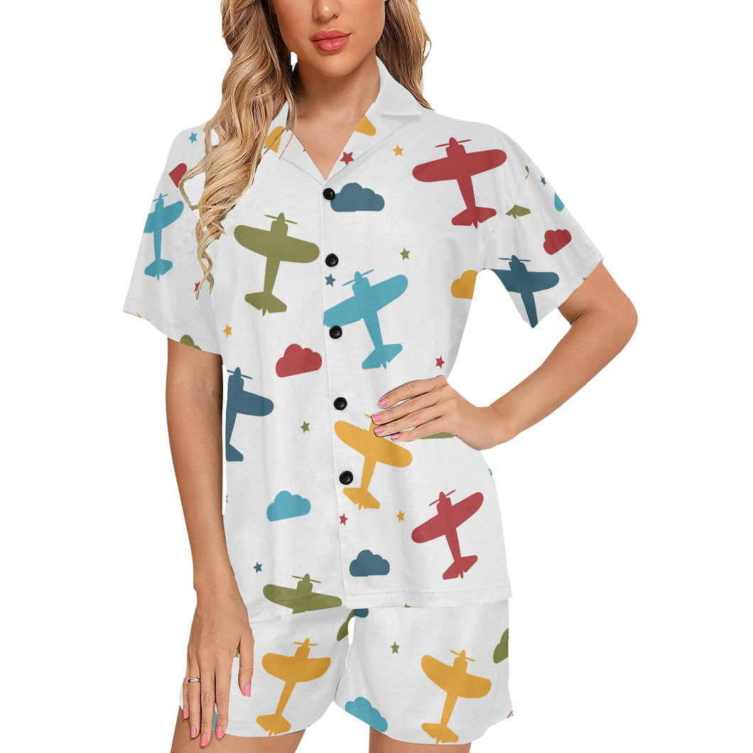 Airplane star cloud colorful Women's V-Neck Short Pajama Set