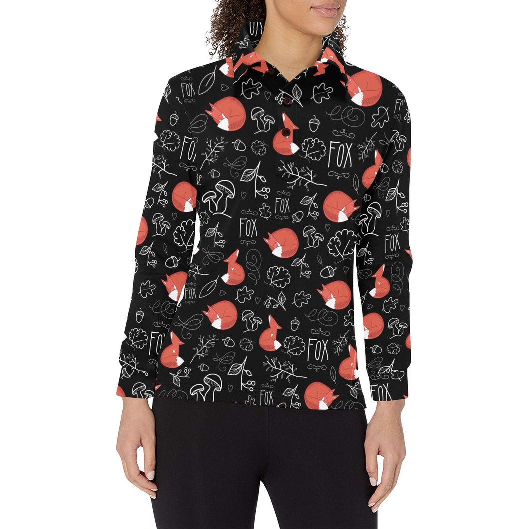 fox sleeping fox pattern Women's Long Sleeve Polo Shirt