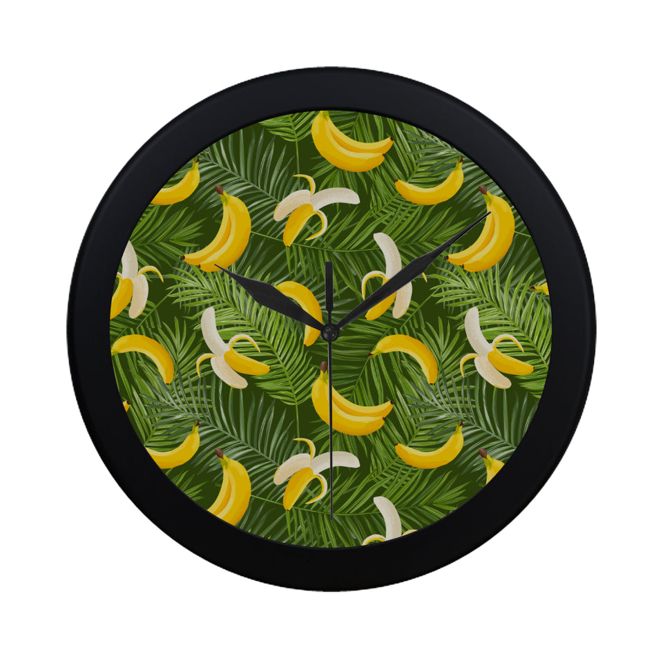 Banana Palm Leaves pattern Elegant Black Wall Clock