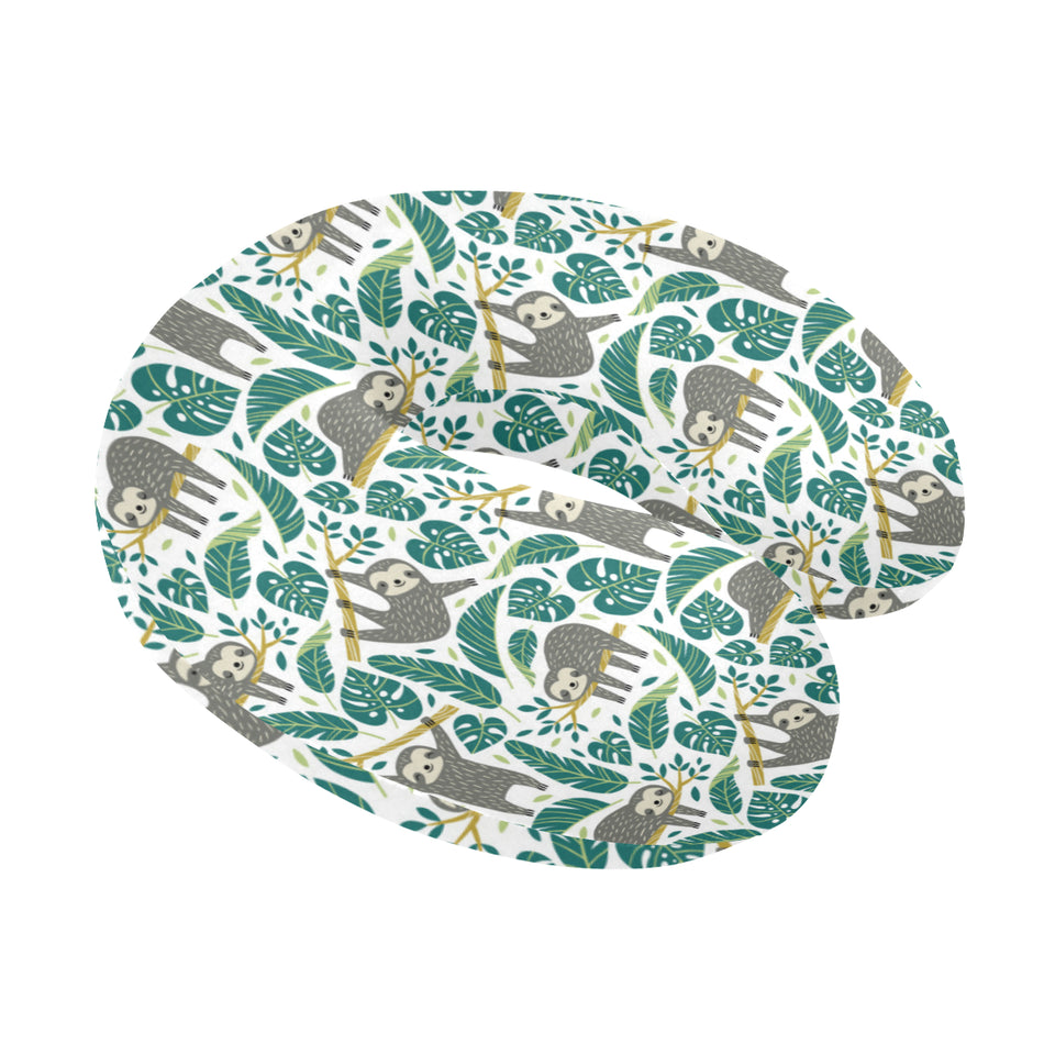 Cute sloths tropical palm leaves white background U-Shaped Travel Neck Pillow