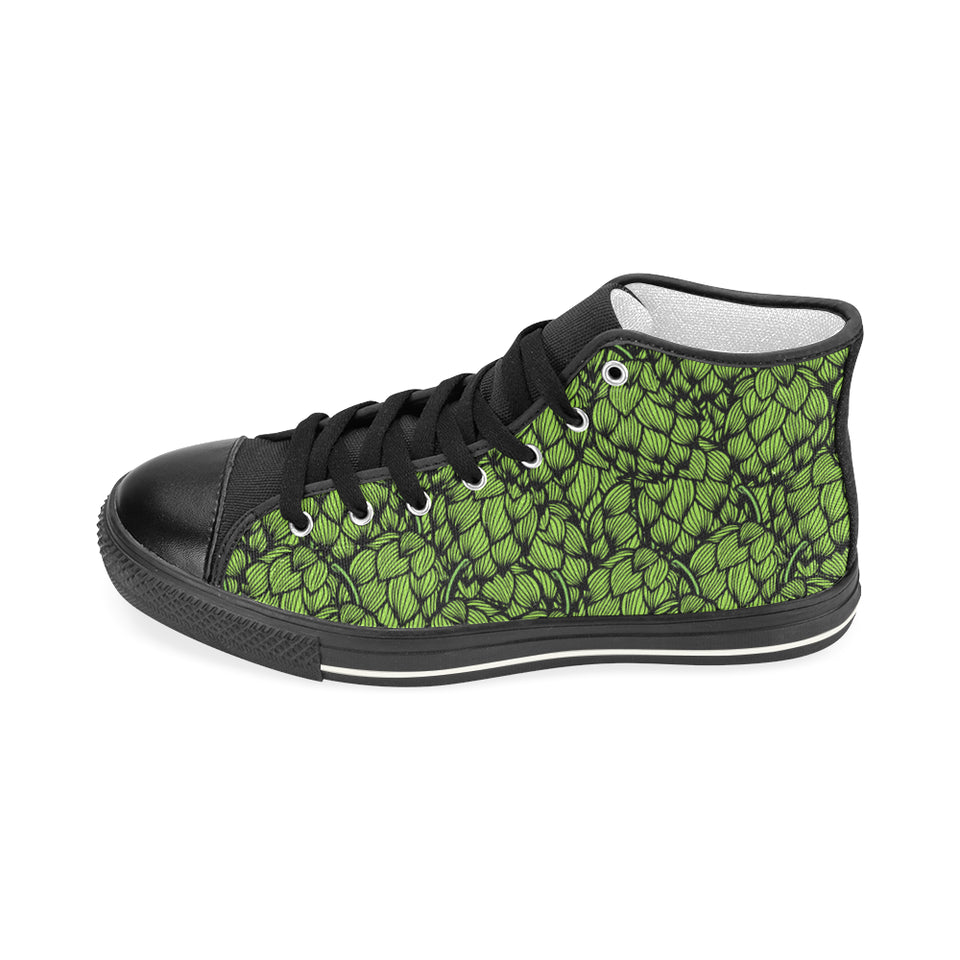 Green hop pattern Women's High Top Canvas Shoes Black