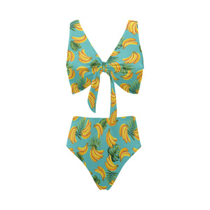 Banana Palm Leaves pattern background Chest Bowknot High Waisted Bikini Swimsuit